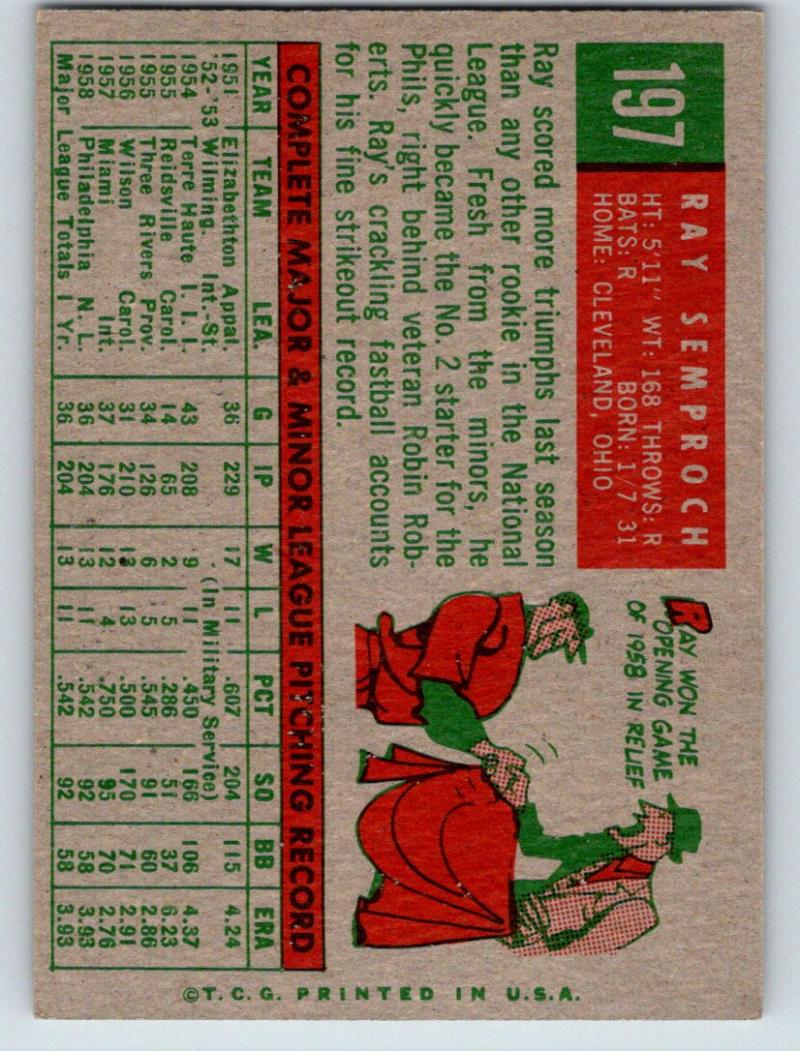 1959 Topps #197 Ray Semproch NM Near Mint Baseball Vintage MLB Phillies 03734