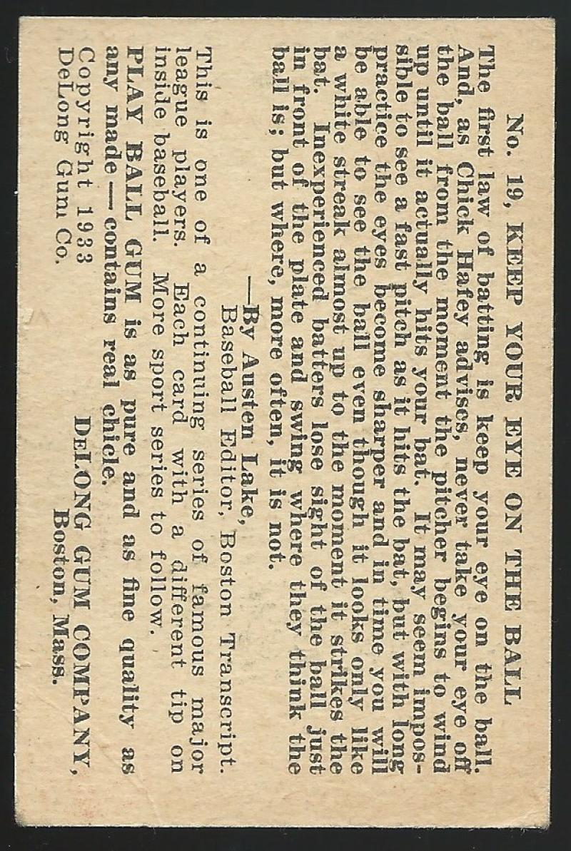 1933 Delong Gum Co. #19 Chick Hafey Vintage MLB Baseball Card