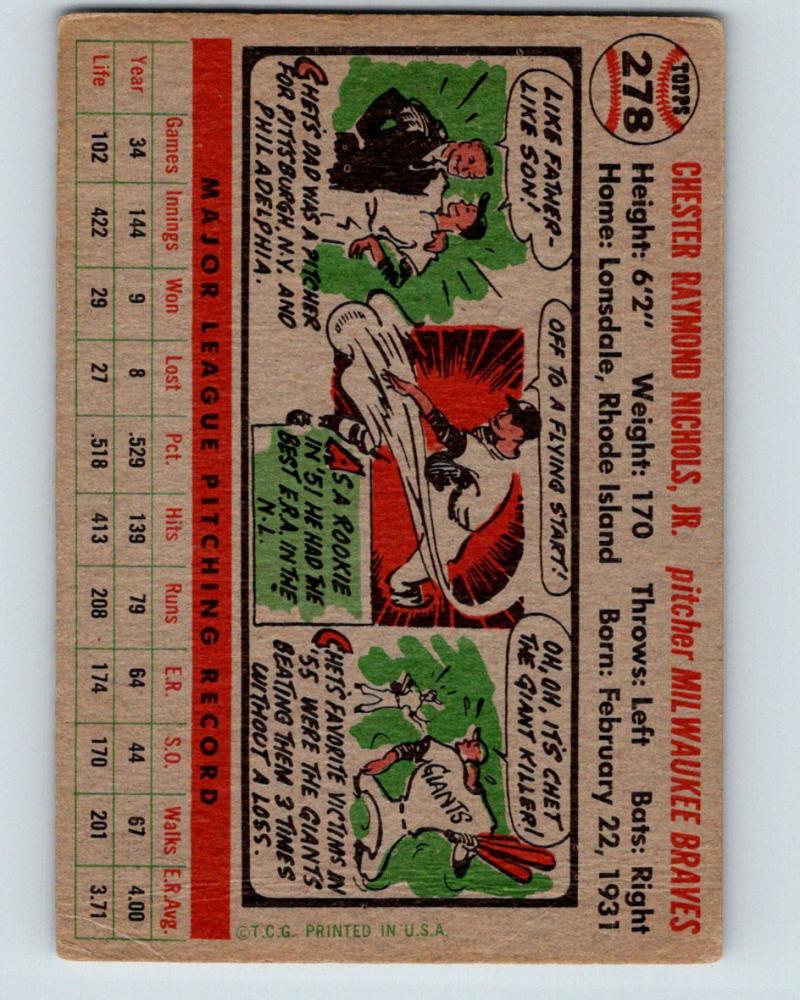 1956 Topps #278 Chet Nichols NM Near Mint Baseball Vintage MLB Braves 03748 Image 2