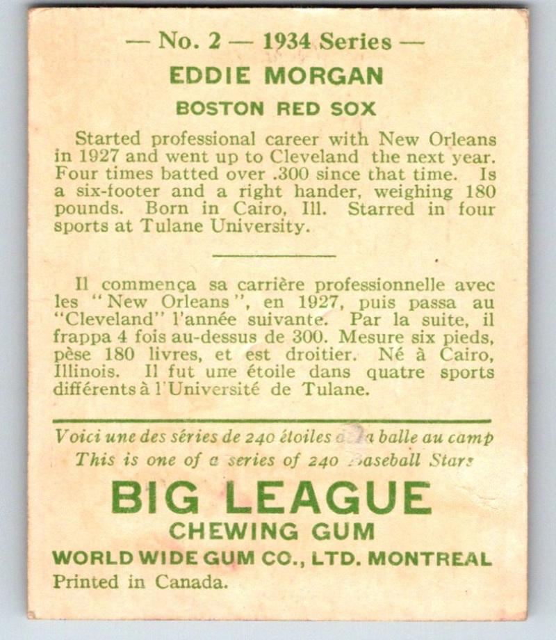 1934 Goudey V354 World Wide Gum #2 Eddie Morgan Baseball MLB Red Sox 03755