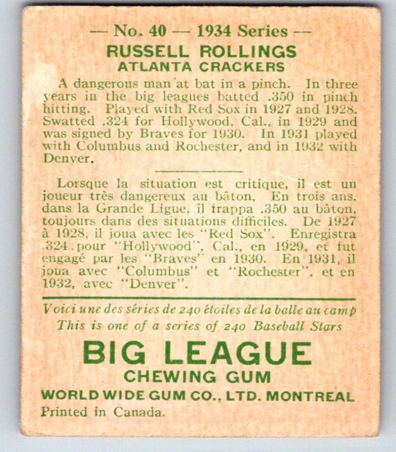 1934 Goudey V354 World Wide Gum #40 Russell Rollings Baseball MLB 03757