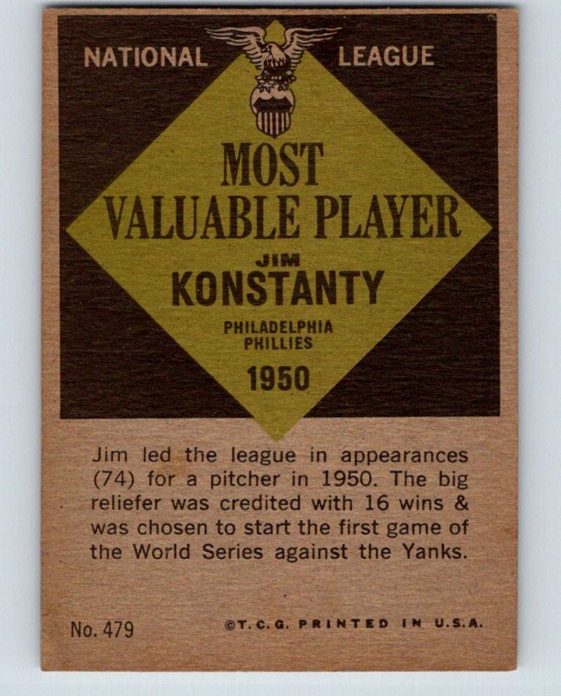 1961 Topps #479 Jim Konstanty NM Near Mint Baseball Vintage MLB Phillies 03765 Image 2