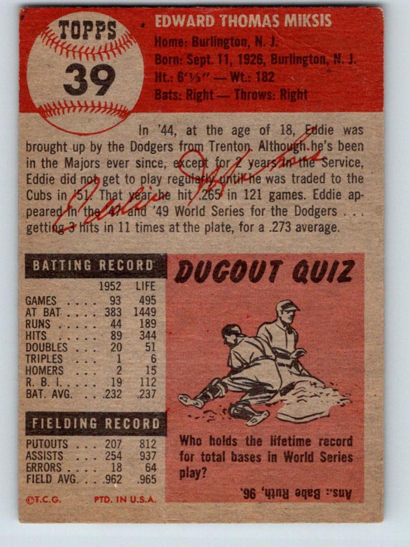 1953 Topps #39 Eddie Miksis Vintage Baseball MLB Cubs 03772 Image 2