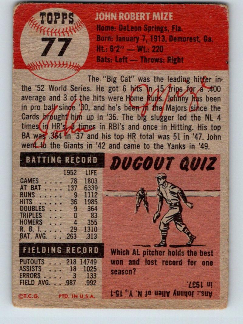 1953 Topps #77 Johnny Mize DP Vintage Baseball MLB Yankees 03774
