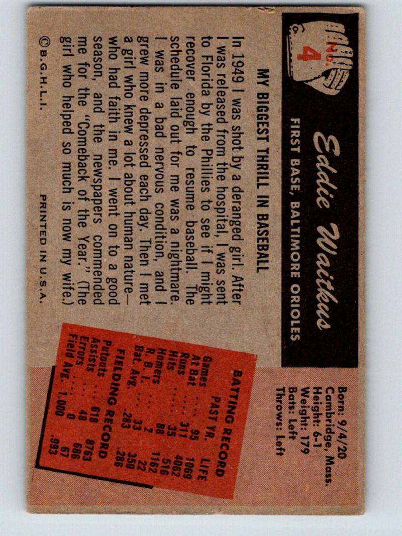 1955 Bowman #4 Eddie Waitkus Vintage Baseball MLB Orioles 03783