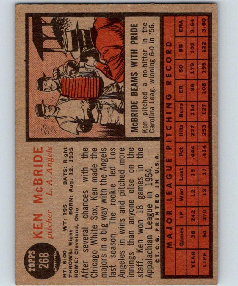 1962 Topps #268 Ken McBride Vintage Baseball MLB Angels 03798 Image 2