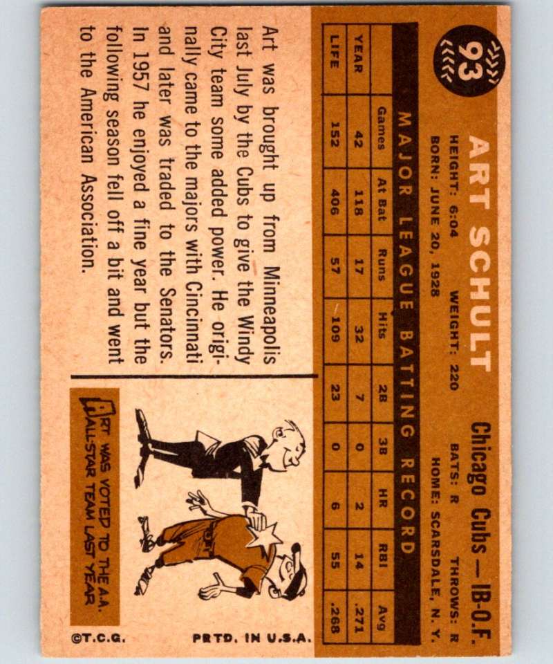 1960 Topps #93 Art Schult Cubs MLB Baseball 3826 Image 2
