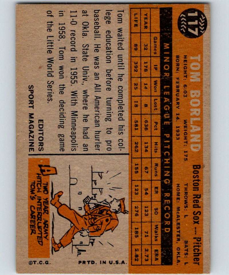 1960 Topps #117 Tom Borland Red Sox RS MLB Baseball 3830 Image 2