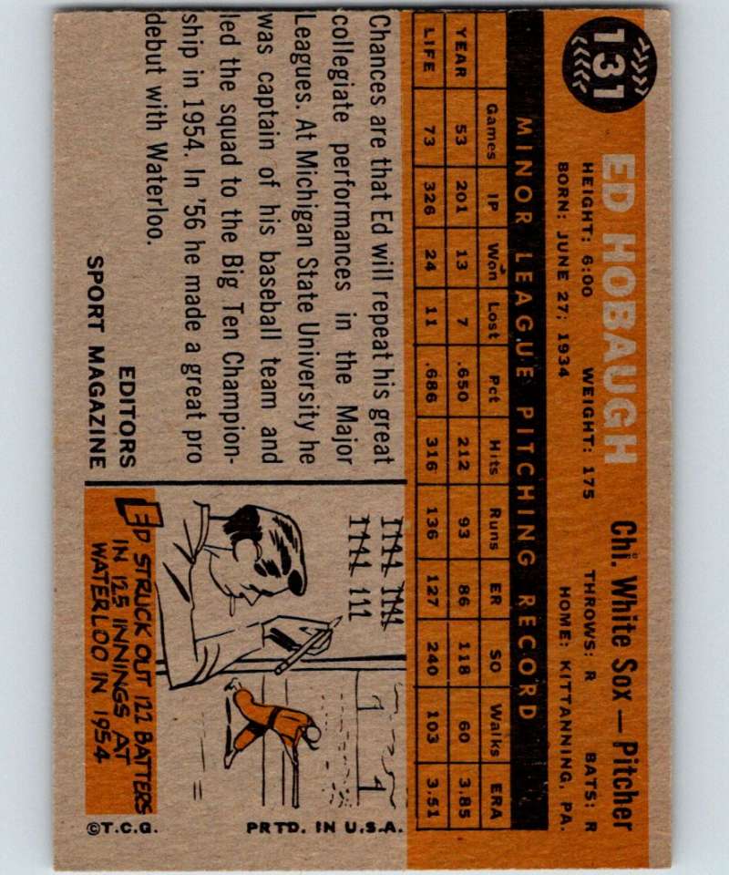 1960 Topps #131 Ed Hobaugh RC Rookie White Sox RS MLB Baseball 3837