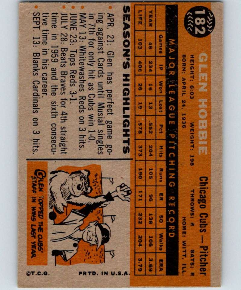 1960 Topps #182 Glen Hobbie Cubs MLB Baseball 3849 Image 2