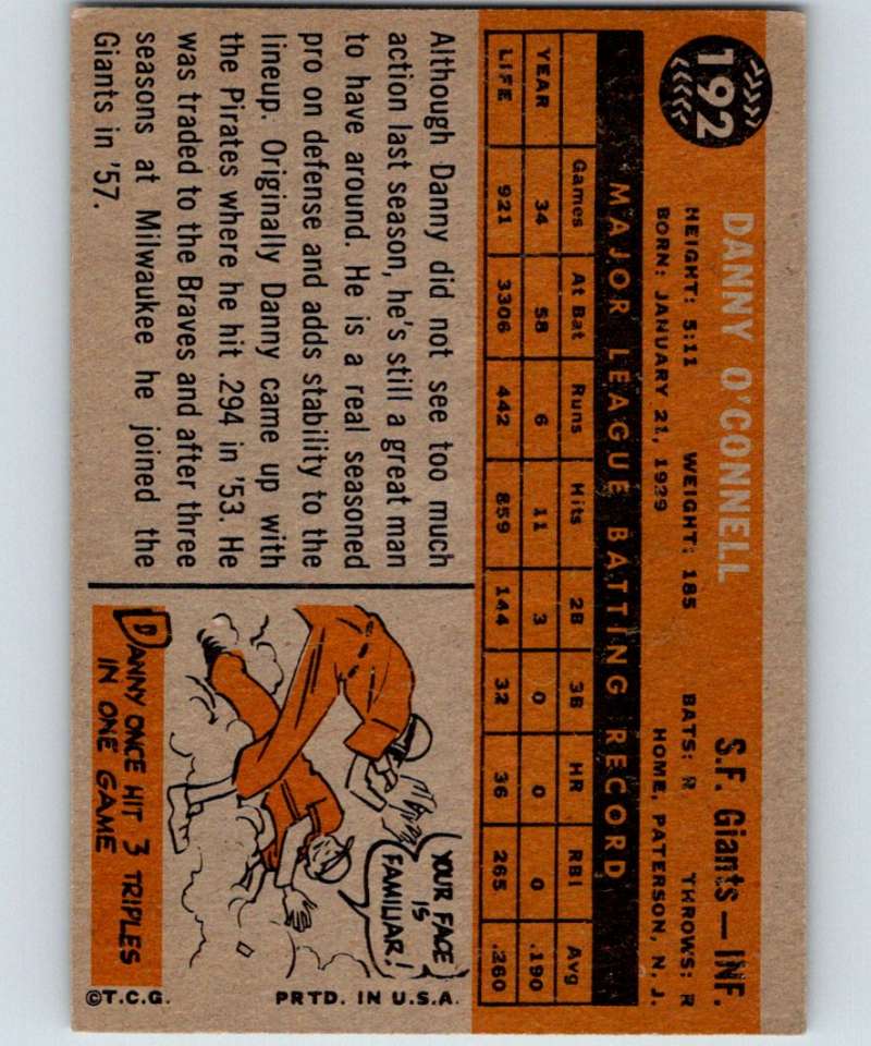 1960 Topps #192 Danny O'Connell Giants MLB Baseball 3853 Image 2