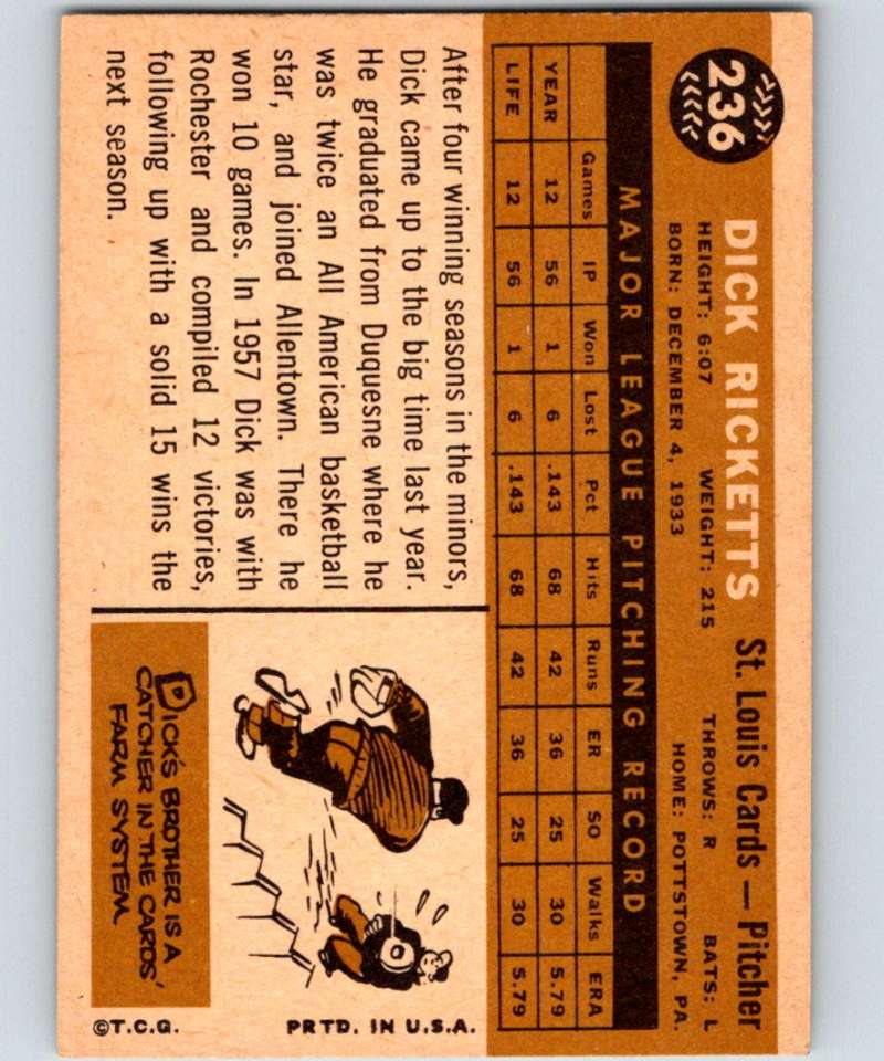 1960 Topps #236 Dick Ricketts Cardinals MLB Baseball 3858 Image 2