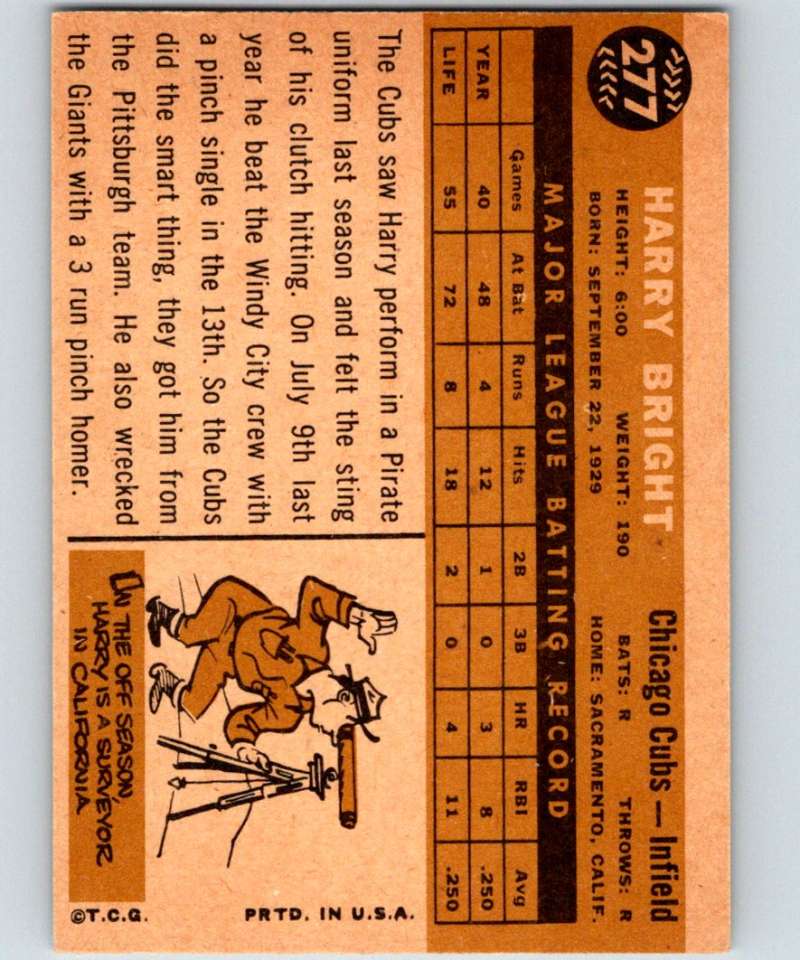 1960 Topps #277 Harry Bright Cubs MLB Baseball 3874 Image 2