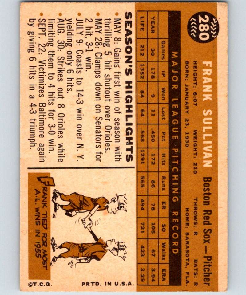 1960 Topps #280 Frank Sullivan Red Sox MLB Baseball 3876