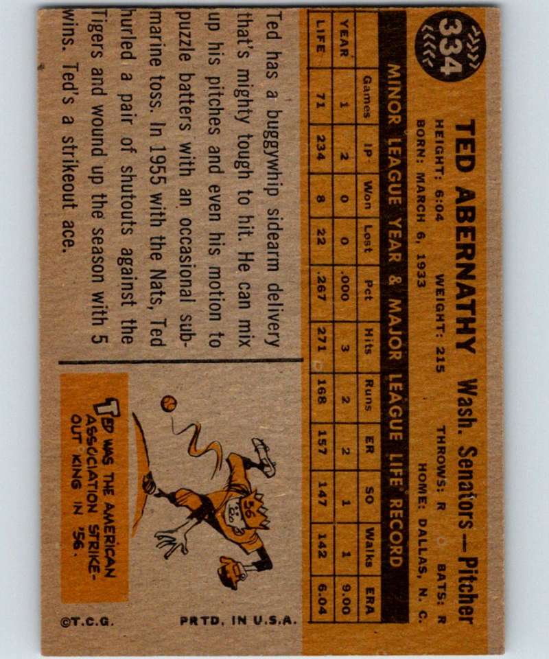 1960 Topps #334 Ted Abernathy Senators MLB Baseball 3880 Image 2