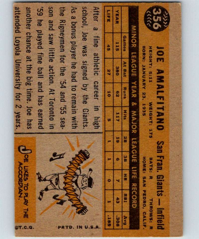 1960 Topps #356 Joe Amalfitano Giants MLB Baseball 3889