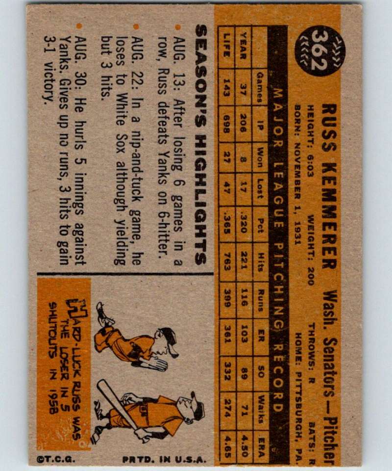1960 Topps #362 Russ Kemmerer Senators MLB Baseball 3890