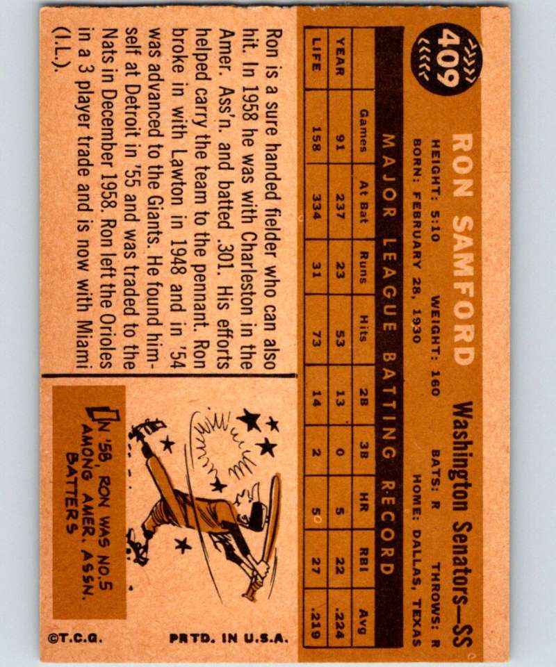 1960 Topps #409 Ron Samford Senators MLB Baseball 3899 Image 2