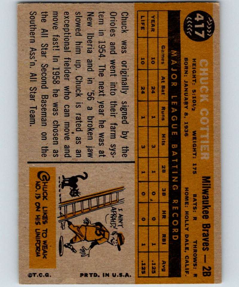 1960 Topps #417 Chuck Cottier RC Rookie Braves MLB Baseball 3901