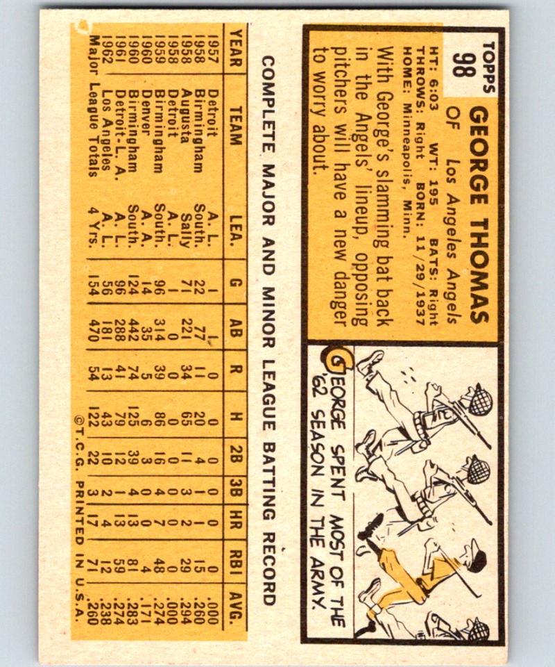 1963 Topps #98 George Thomas Baseball Vintage MLB Angels 03910 Image 2