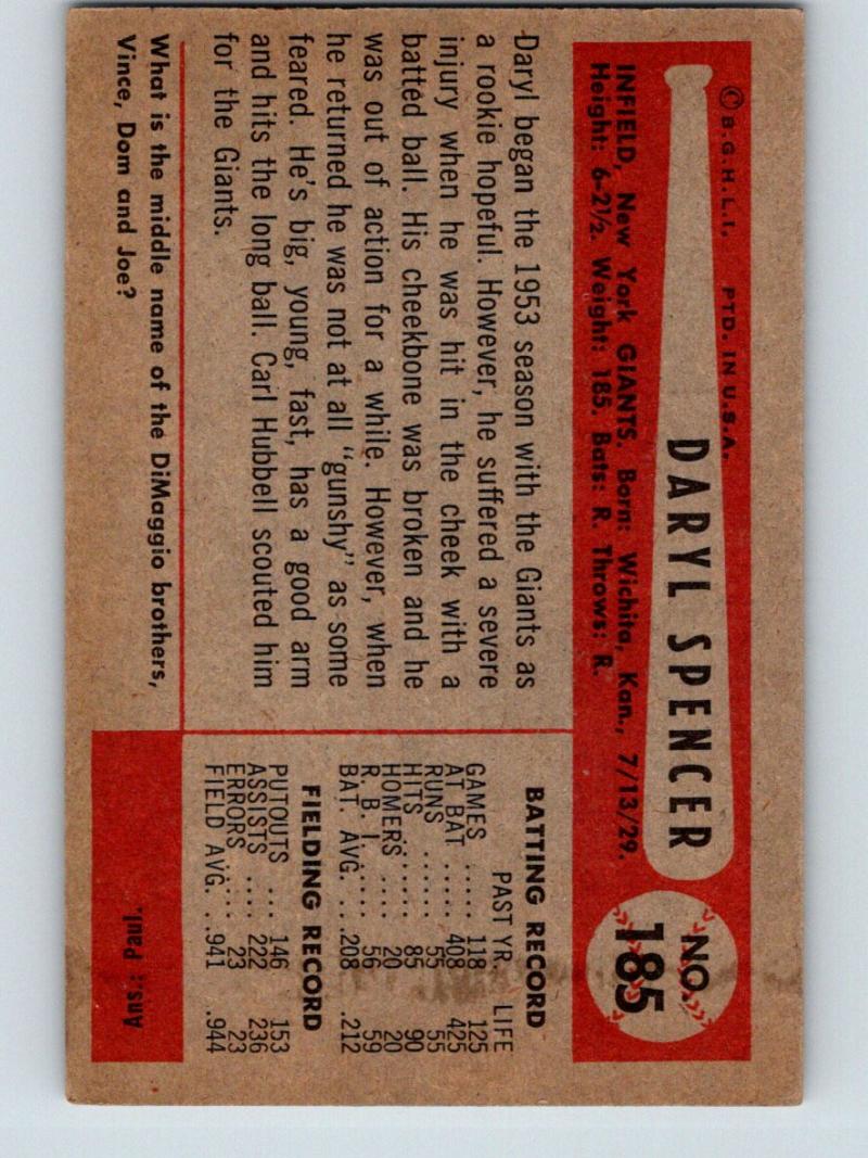 1954 Bowman #185 Daryl Spencer Baseball MLB Vintage RC Rookie NY Giants 03918