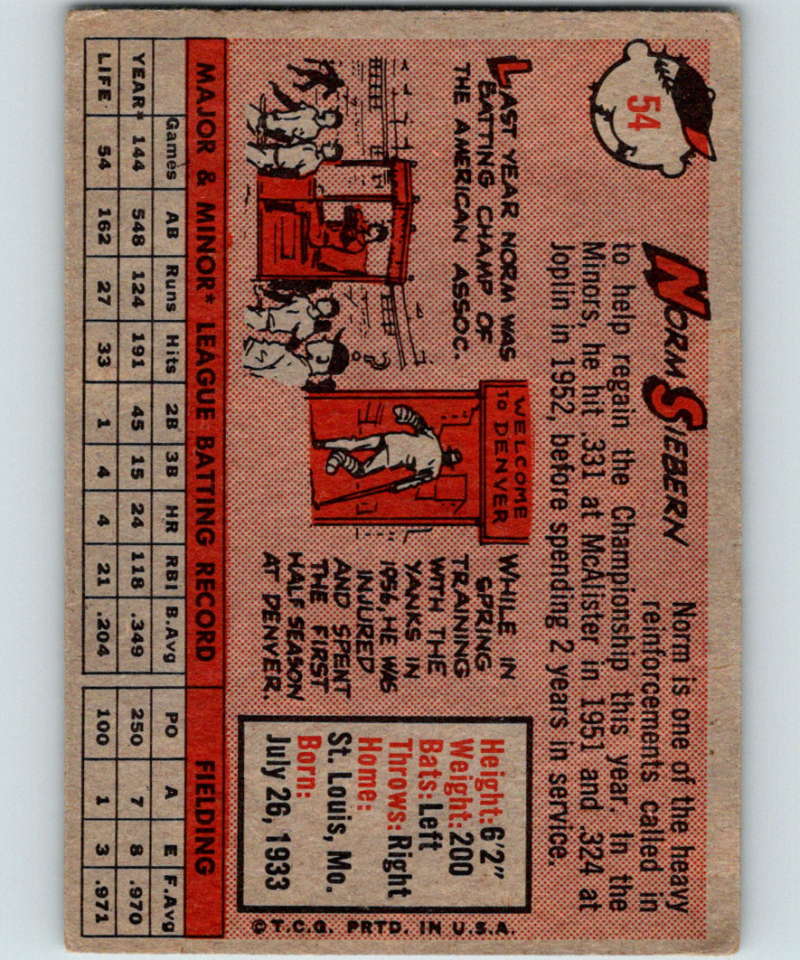 1958 Topps #54 Norm Siebern RC Rookie UER Baseball 3938 Image 2