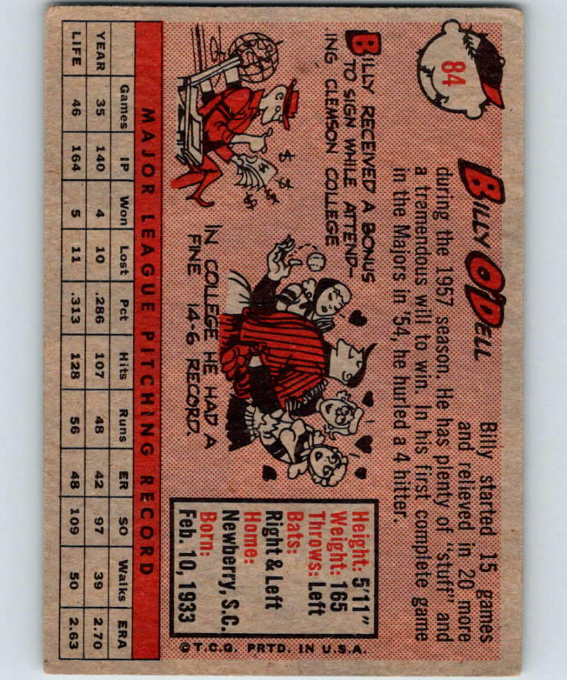 1958 Topps #84 Billy O'Dell Orioles Baseball 3943 Image 2