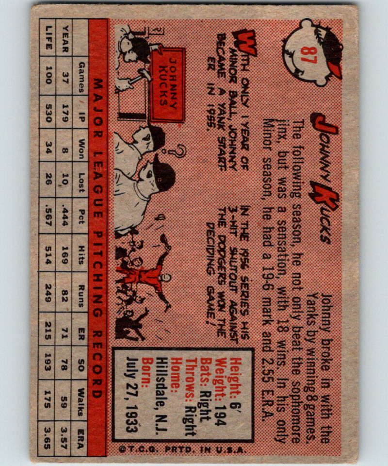 1958 Topps #87 Johnny Kucks Yankees Baseball 3945