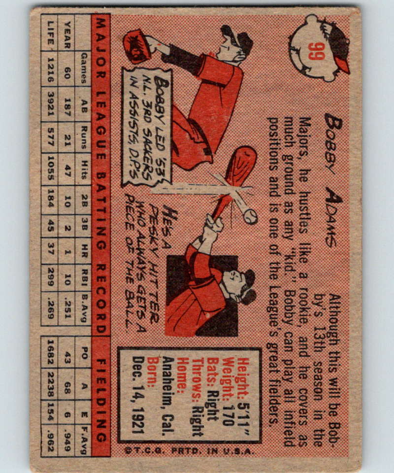 1958 Topps #99 Bobby Adams Cubs Baseball 3947 Image 2