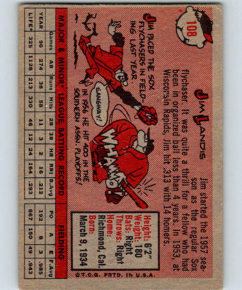 1958 Topps #108a Jim Landis White Sox Baseball 3948 Image 2