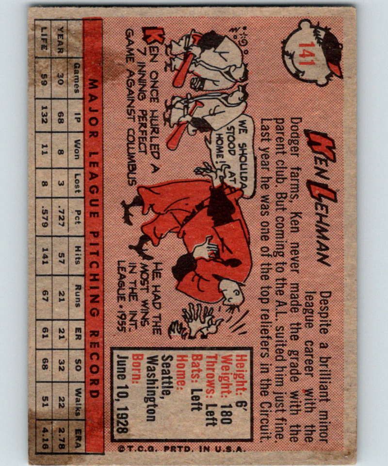 1958 Topps #141 Ken Lehman Orioles Baseball 3951 Image 2