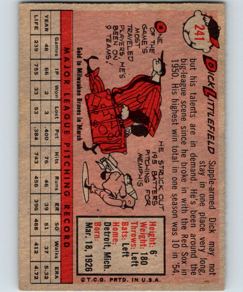 1958 Topps #241 Dick Littlefield Cubs Baseball 3973 Image 2