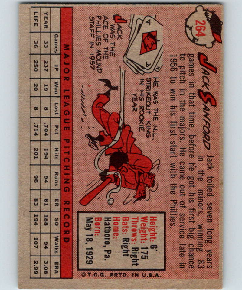 1958 Topps #264 Jack Sanford Phillies Baseball 3980 Image 2