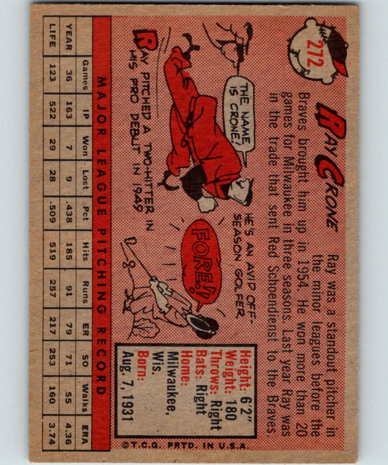 1958 Topps #272 Ray Crone Giants Baseball 3982 Image 2
