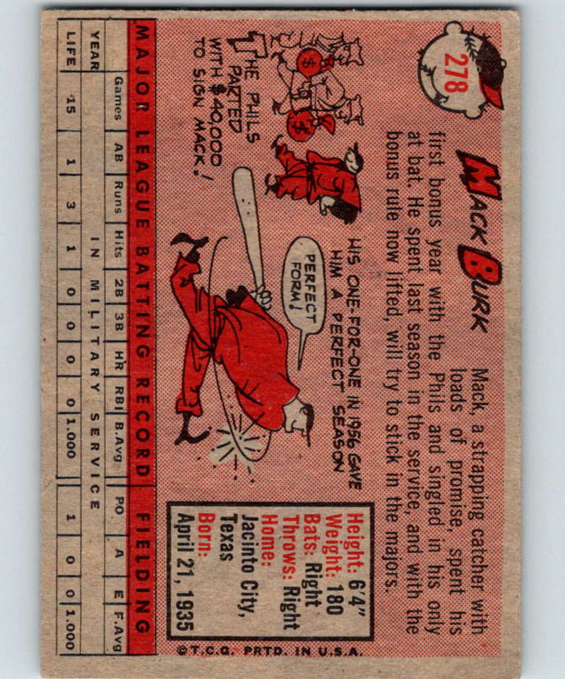 1958 Topps #278 Mack Burk Phillies Baseball 3984 Image 2