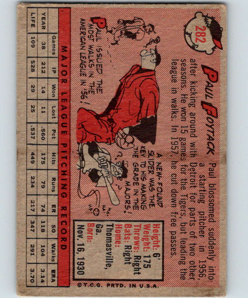 1958 Topps #282 Paul Foytack Tigers Baseball 3987 Image 2