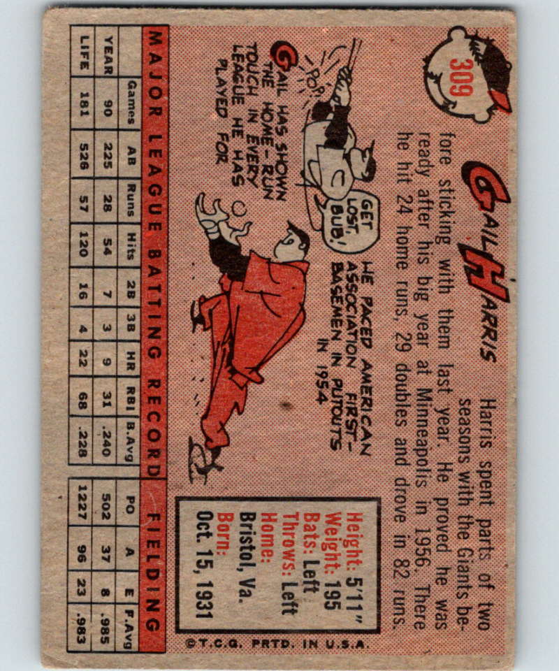 1958 Topps #309 Gail Harris Tigers Baseball 3992