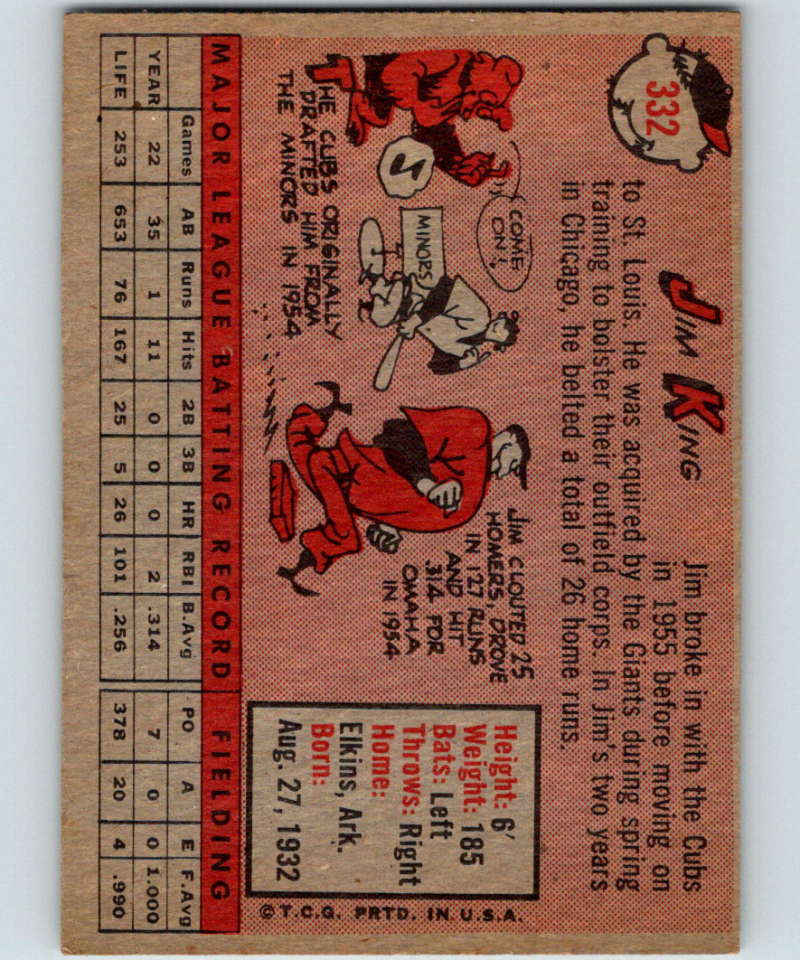 1958 Topps #332 Jim King Giants Baseball 3995 Image 2