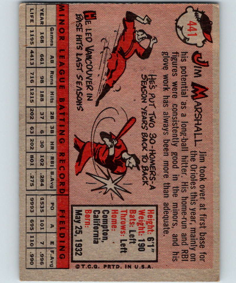 1958 Topps #441 Jim Marshall RC Rookie Orioles UER Baseball 4003 Image 2
