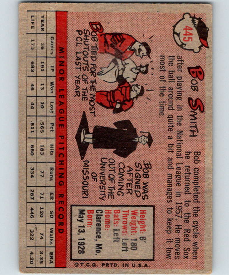 1958 Topps #445 Bob Smith RC Rookie Red Sox Baseball 4006