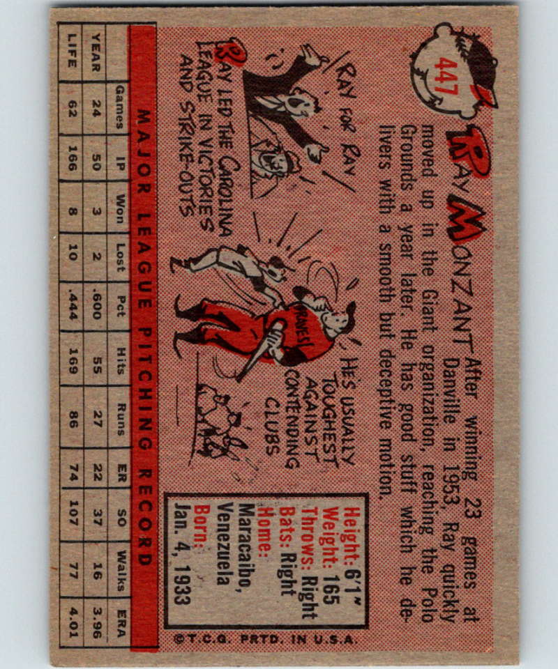 1958 Topps #447 Ray Monzant Giants Baseball 4007 Image 2