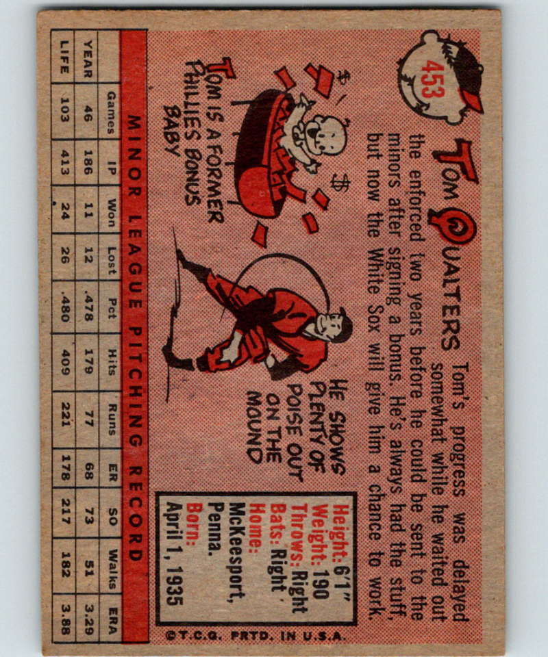 1958 Topps #453 Tom Qualters White Sox Baseball 4011 Image 2