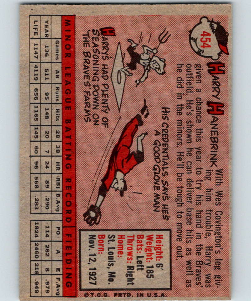 1958 Topps #454 Harry Hanebrink RC Rookie Braves Baseball 4012 Image 2