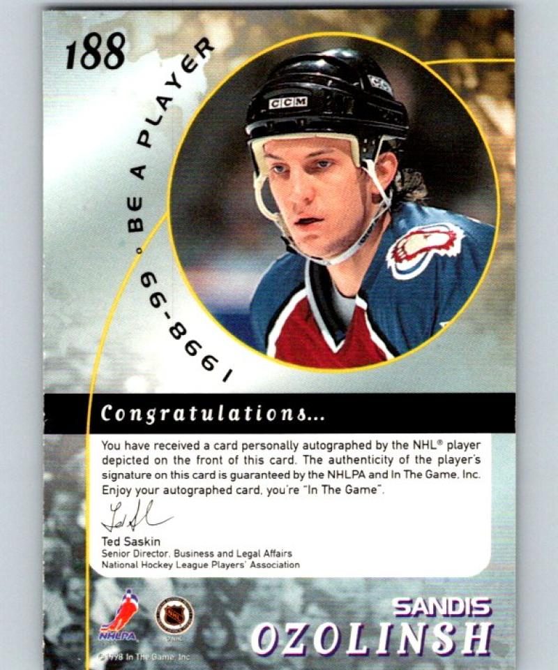 1998-99 Be A Player Autographs #188 Sandis Ozolinsh NM-MT Hockey NHL Auto 04347