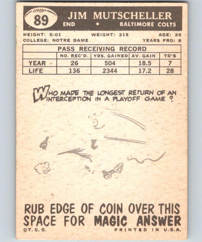 1959 Topps #89 Jim Mutscheller Football NFL Colts Vintage 04368 Image 2