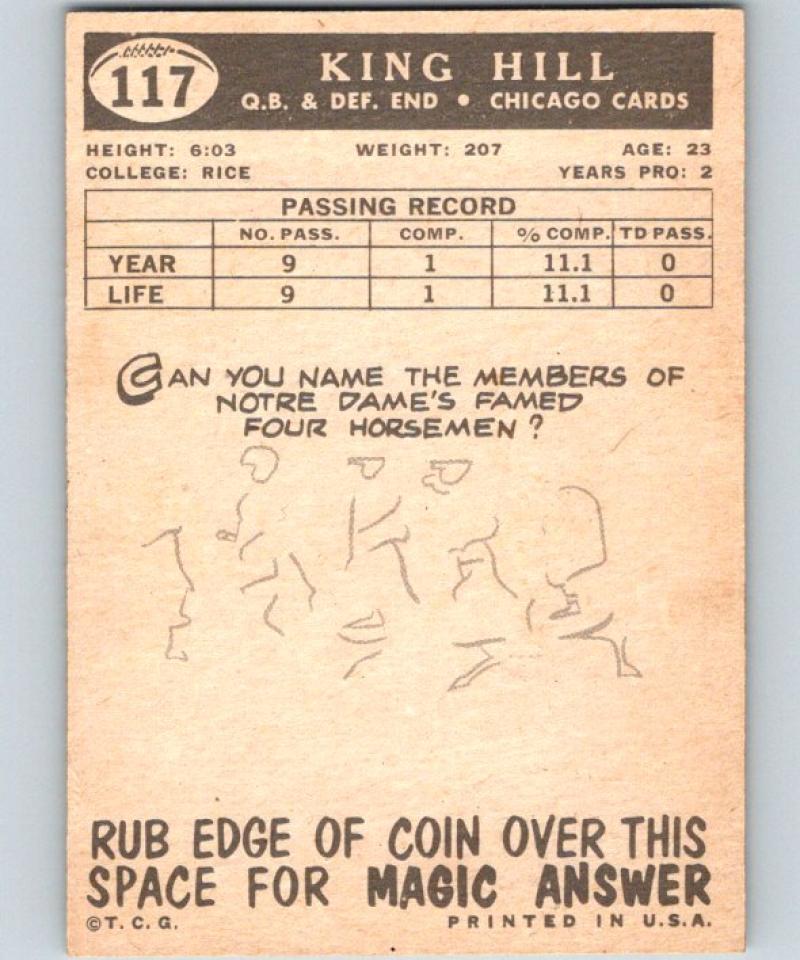 1959 Topps #117 King Hill Football NFL RC Rookie Vintage 04373