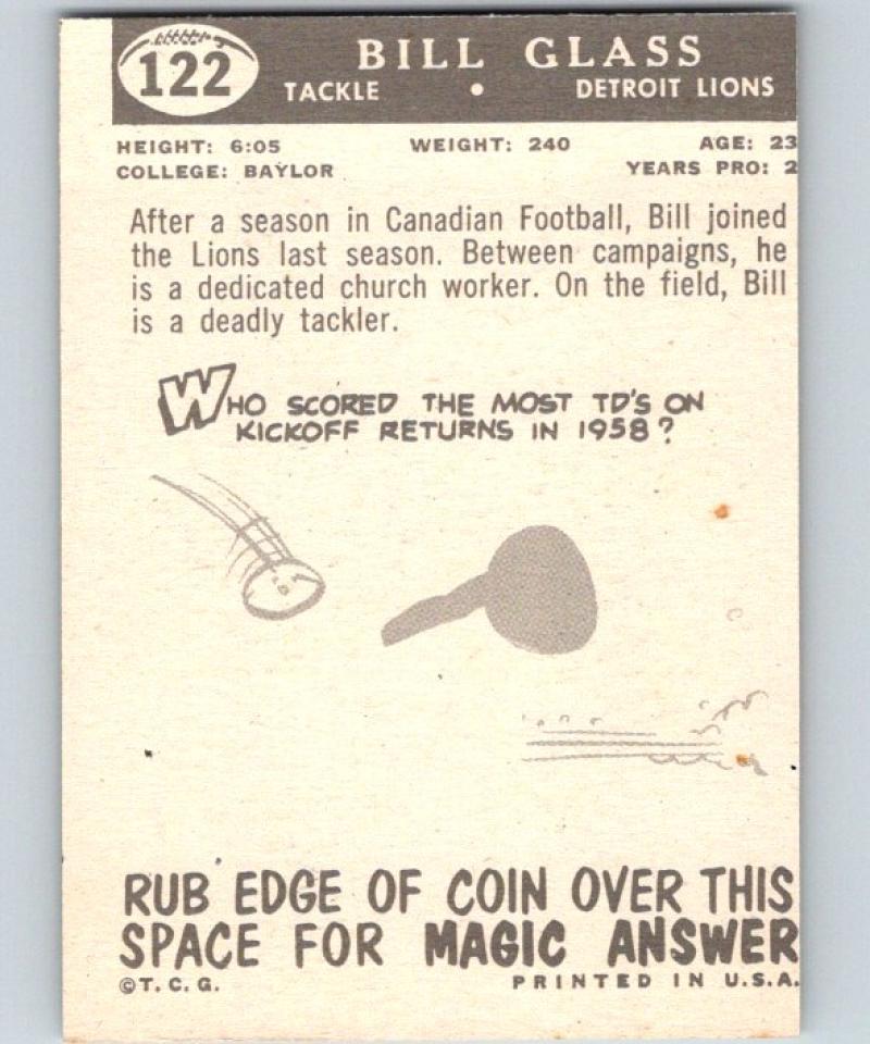 1959 Topps #122 Bill Glass Football NFL RC Rookie Lions Vintage 04375 Image 2