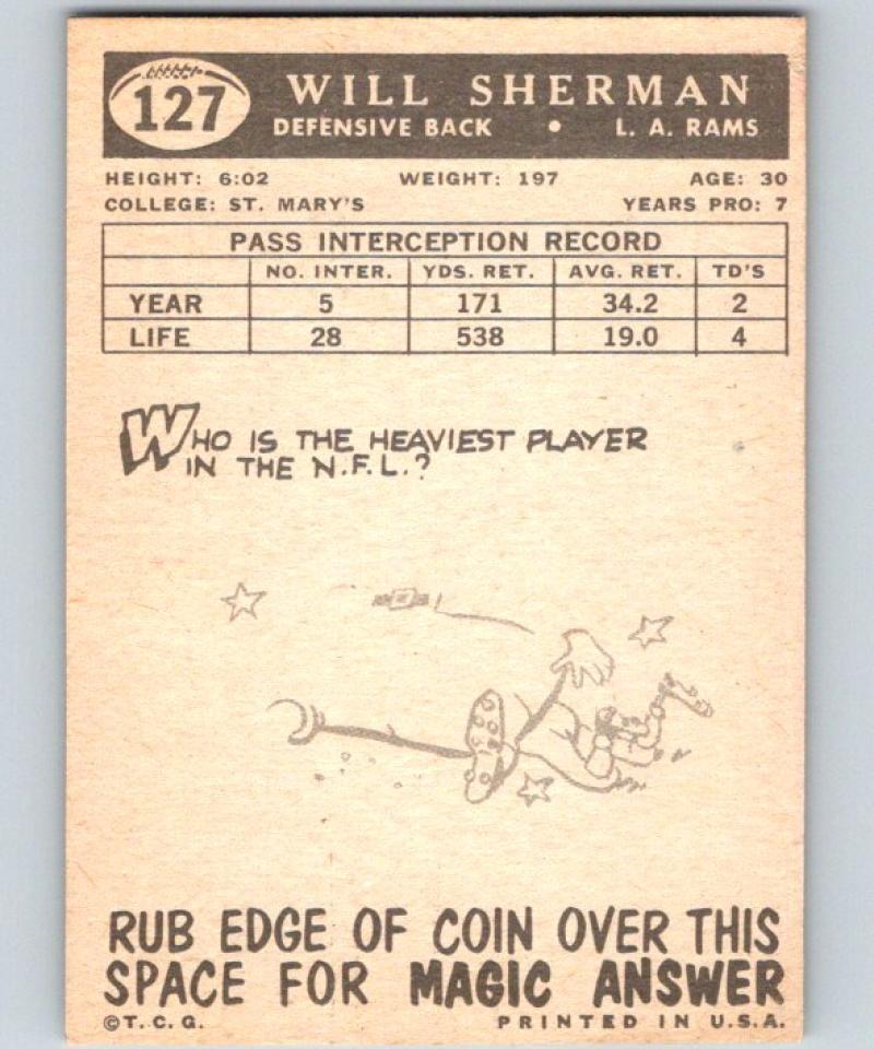 1959 Topps #127 Will Sherman Football NFL LA Rams Vintage 04377 Image 2