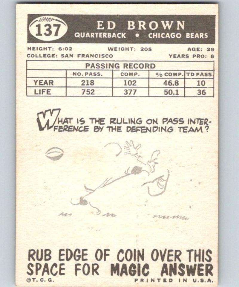 1959 Topps #137 Ed Brown Football NFL Bears Vintage 04378 Image 2