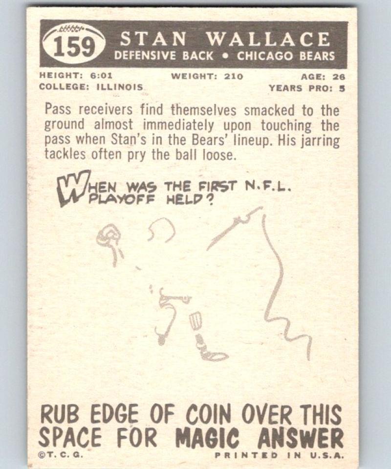 1959 Topps #159 Stan Wallace Football NFL RC Rookie Bears Vintage 04381 Image 2